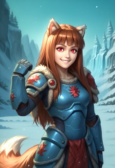 score_9, score_8_up, score_7_up, masterpiece, perfecteyes, holo, brown hair,long hair,red eyes, wolf girl,wolf ear,wolf tail, solo, , looking at the viewer, detailed background, wearing power armor, spcwlf, back view, proud smile, ice, snow, icy cavern, outdoors, fur cloak, holo in spcwlf armor, flexing, she says "Afraid not citizen, holo protects"