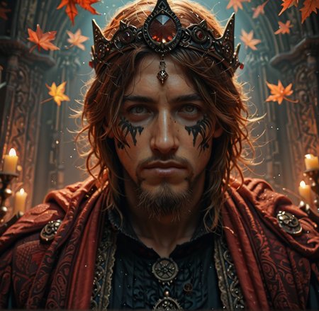 full shot, 1boy, Create a fantasy character portrait of a regal king with long, flowing auburn hair, a neatly trimmed goatee, and striking golden eyes. He wears an ornate crown adorned with a large topaz and has intricate facial paint in red and black patterns over a pale base layer. His attire is a mix of royal robes and pinstriped armor, featuring rich autumn colors and fine textures. The background is a dimly lit throne room with flickering candles and autumn leaves, enhancing the mystical atmosphere., general sfw, embedding:lazypos, gdv2-illu