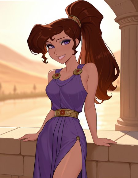 masterpiece, best quality, amazing quality, very aesthetic, absurdres,  newest, detailed background, cowboy shot, 4k, 8k, outdoors, ancient greece, 
megaraxd, 1girl, solo, long hair, brown hair, makeup, purple eyes, lips, purple dress, medium breasts, smile, looking at viewer, ponytail, grin, 
 <lora:Megara_-_Disney_Illustrious:1>