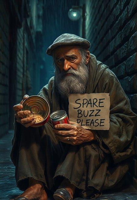 Realistic, high quality, great anatomy, accurate, 1man, fuzzy beard, short beard,  grey beard, wrinkly face, dirty face, tired face, ragged robe, dirty clothes, dirty hat, berret hat, ragged long pants, sitting, 2 hands, detailed hands, holding empty food can, opened food can, 1can, rusty can, topless can, holding cardboard, cardboard saying "SPARE BUZZ PLEASE", looking down, looking away, frowning, crying, sobbing, sad,
Night time, heavy rain, raining, dark alley, dutch angle, full body, far view, side view, modern, dark, no lightning