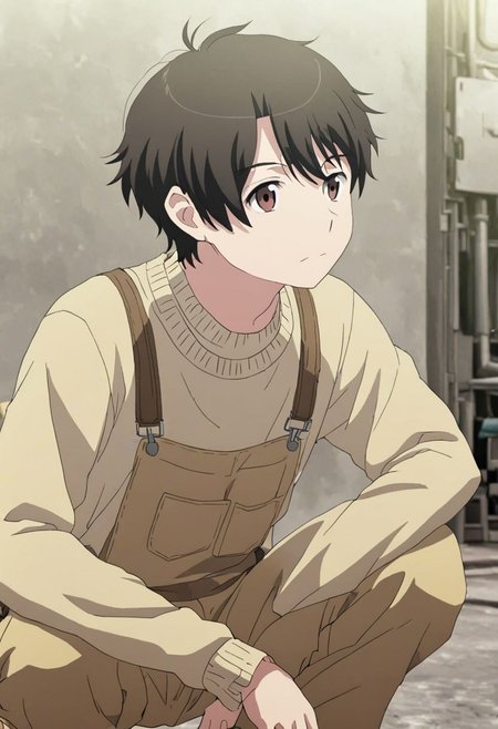 high resolution, solo, best quality, 1Boy, Inaho Kaizuka, Black Hair, Brown Eyes, lofi, candid, squat, depth of field, photo model, looking at viewer, OverallDetail