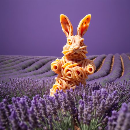 Surrealism, skeptical, rabbit, a vibrant, sunlit field of lavender made of pasta, sauce, meatballs, jumping, <lora:MMM_Pasta:0.8>
