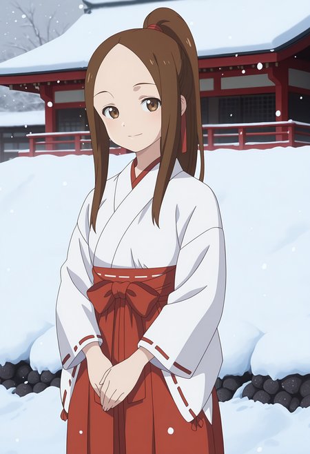 anime screencap, masterpiece, best quality,
<lora:KarakaiJouzuNoTakagi-San_Takagi(Adult)_IlluXL:0.9>,
1girl, solo, light smile,
high ponytail, long hair, parted bangs, forehead, brown hair, brown eyes,
miko, white kimono, ribbon-trimmed sleeves, red hakama,
standing, looking at viewer, cowboy shot,
outdoors, snow, snowing, building, snow pile, photo background, blurry background