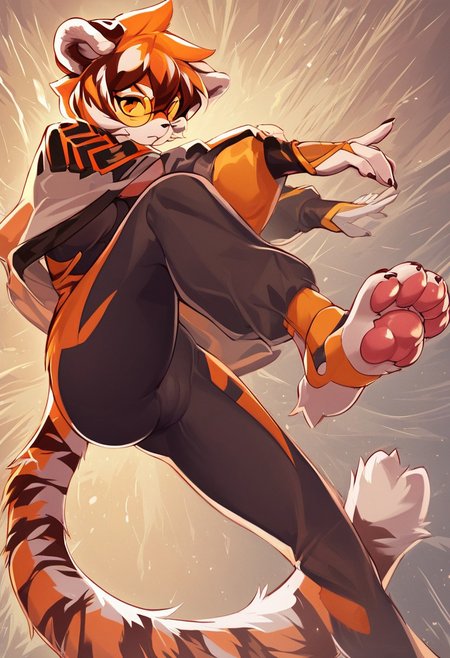 safe_pos,  score_9, score_8_up, score_7_up, 2.D, extremely detailed, waaifu_arknights, furry female, tiger ears, orange hair, tiger girl, short hair, multicolored fur, tiger tail, orange tinted eyeware, dynamic shot, speed lines, sweat, she's facing the camera, she is about to kick, she is wearing a short sports top, she is wearing thin yoga pants, her cameltoe is softly visible through her clothes, paw prints pattern in the background