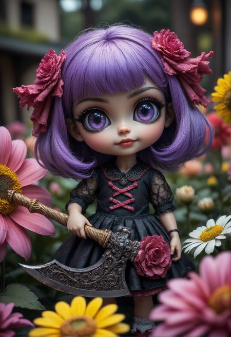 horror-themed A cute doll with oversized, expressive eyes and a cheerful smile, holding a massive, intricately designed axe that seems almost comically large in her tiny hands. She stands in a whimsical, colorful garden filled with oversized flowers and playful creatures. Special effects highlight the doll's vibrant colors and the gleaming metal of the axe, while post-processing adds a soft, dreamy glow. Visual treatment inspired by the styles of Yoshitomo Nara and the playful aesthetics of children's storybooks, merging charm and fantasy for an enchanting image.
<lora:aidmaMJ6.1v0.4:1> aidmaMJ6.1   <lora:DarksunRIDDV3:1> . eerie, unsettling, dark, spooky, suspenseful, grim, highly detailed