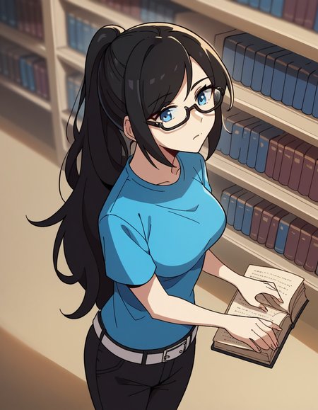 score_9, score_8_up, score_7_up, source_anime, <lora:classof09-nicole-ingame-ponyxl-lora-nochekaiser:1>, nicole, long hair, blue eyes, black hair, ponytail, medium breasts,, shirt, short sleeves, belt, pants, black pants, blue shirt, t-shirt, library, reading books, glasses, quiet, focused, shelves of books, , looking at viewer, from above,, solo,, dutch angle,