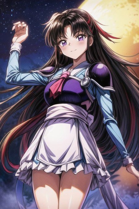 masterpiece,  best quality 1girl Setsun4 solo long hair,  (night time) forest background black hair very long hair purple eyes multicolored hair armor (fur trim) (medium body),<lora:EMS-179-EMS:0.800000>,<lora:EMS-293862-EMS:0.800000> bow, hair_bow, hair_tubes, red_bow, brown_hair, long_hair, bangs, ascot, frilled_bow, yellow_ascot, blush, smile, hair_between_eyes, athletic, armor, miko