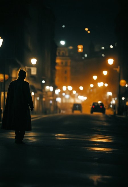batman, dark cinematic, dark cinematic style, wide angle exterior background, silhouette, light, dark , shallow depth of field, vignette, highly detailed, high budget, bokeh, cinemascope, halogen street lights, night, old city street, eerie
