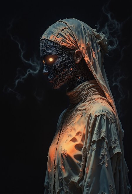 A mysterious figure veiled in shadows, her features barely visible beneath a soft cascade of caramel-hued neon mist. Subtle iridescent tones shimmer at the edges, dissolving into streaks of ambient light that swirl like whispered secrets in the dark. The minimal, moody composition heightens the enigmatic aura, with soft, painterly brushstrokes blending the neon haze into the void. Ethereal yet restrained, the warm glow of caramel mist contrasts against the deep, cinematic darkness, capturing a fleeting moment of hidden beauty. High-detail, expressive brushwork, atmospheric lighting, abstract elegance.(epic dark fantasy style).
ne0nfant4sy, jitostyle, monochrome, ghiblistyle.