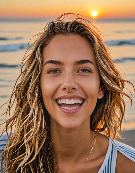 a woman 18 years old of age, floating hair,   in relaxed and beachy surfer style, perfect for a sunset session, straight-on, laughing, head tilt, mole under eye, close-up,