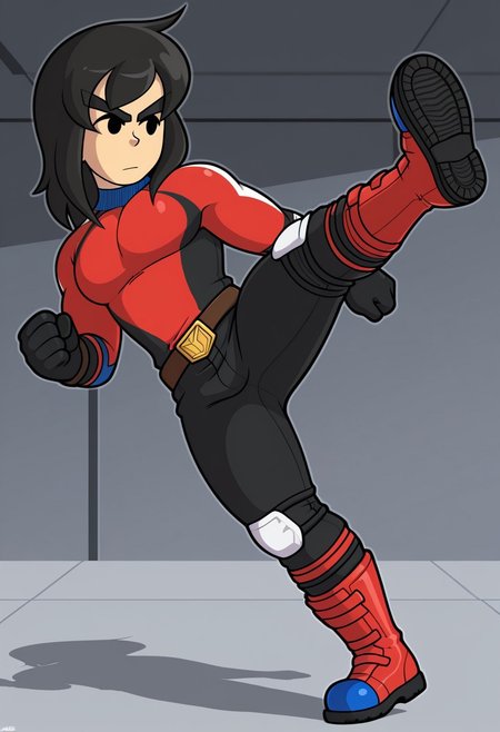 score_9, score_8_up, score_7_up, masterpiece, best quality, amazing quality, Mii_Brawler, Mii, 1boy, solo, black hair, black eyes, no pupils, 2d_brawl, brawl_clothes, kicking, solo, belt, black hair, black eyes, gloves, pecs, boots, flying kick, bodysuit, red footwear, black gloves, medium hair, animification, pants, medium pecs, superhero, brown belt, full body, electric background