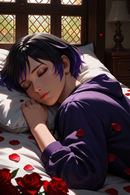 score_9, score_8_up, score_7_up, 
<lora:TKReina:0.8>
TKReina, 1girl, black hair, purple hair, multicolored hair, short hair, looking at viewer, sleeping in a bed, rose petals, Romanian house
