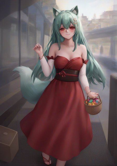 zPDXL3,1girl,>_<, animal ears, apron, armpits, bare shoulders, basket, bracelet, candy, cityscape, closed mouth, creature, detached sleeves, dress, flying sweatdrops, food, fox ears, fox tail, ghost, green hair, hair between eyes, hair ornament, hand up, jewelry, long hair, looking at viewer, low wings, obi, outdoors, red dress, red eyes, sandals, sash, smile, solo, tail, triangle mouth, waist apron, wings  <lora:Doogge:1>