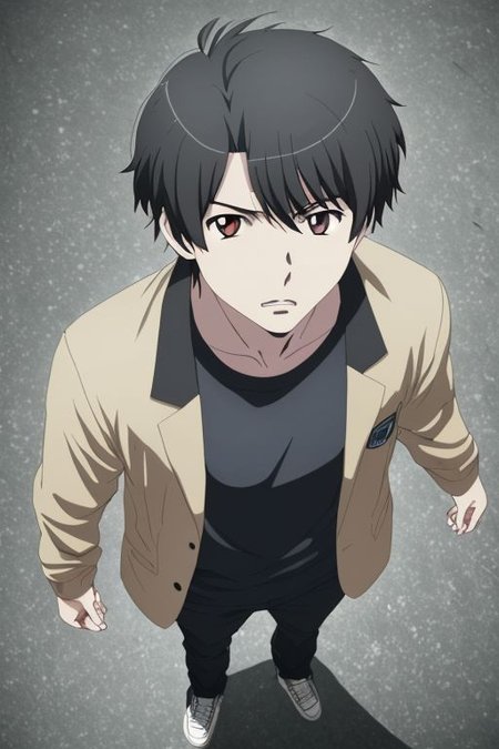 high resolution, solo, best quality, 1Boy, Inaho Kaizuka, Black Hair, casual, seen from above, gangster, dominant, intimidate, OverallDetail