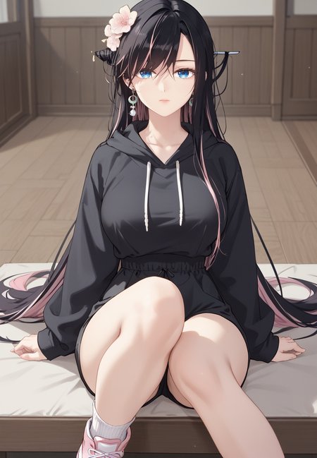 zPDXL3, score_9_up, score_8_up, score_7_up, (Anime_source),Masterpiece,(perfect female body:1.2), small waist, (incredibly detailed:1.4), slim, beautiful fingers, beautiful white skin, Beautiful clear skin, (large breasts:1.4)  looking at viewer, big breasts,  nayerin, 1girl, black hair, pink hair, multicolored hair, blue eyes, hair ornament <lora:Na_Yerin_-_Masters_of_Lightning_Knives-Kaleid_PONY:0.8>, hair flowers, expressionless, very long hair, (only black hoodie:1.2), pink sneakers, knee to chest, face lying on knee, indoors, black shorts, (facing viewer:1.5) knees together,