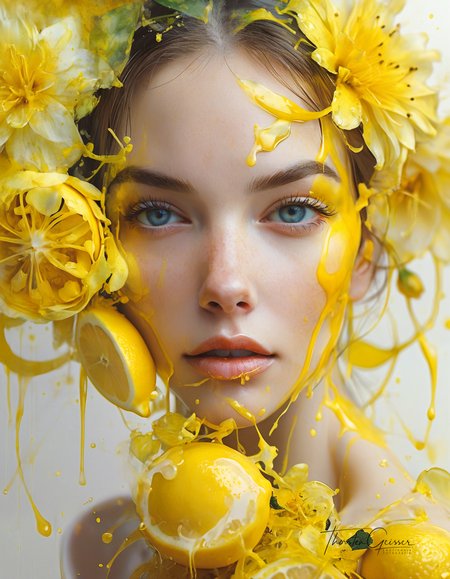 glamorous photo Art by florist Mandy Disher, digital illustration, portrait of a beautiful lady, perfect anatomy, centered, yellow lemon theme, multiple shades of yellow, burst of lemon zest and juice, close to perfection, dynamic, very detailed, watercolor, ArtStation, concept art, blur, sharp focus, illustration, Carne Griffiths, Wadim Kashin. . high fashion, luxurious, extravagant, stylish, sensual, opulent, elegance, stunning beauty, professional, high contrast, detailed  <lora:MJ52.safetensors:0.60>  <lora:Model\Anna_024.safetensors:0.70>