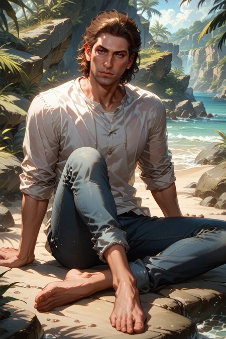 score_9, score_8_up, score_7_up, score_6_up
<lora:BGRaphael:0.9>
BGRaphael, 1boy, brown hair, brown eyes, looking at viewer, male model in a white t-shirt, sitting on a beachside rock, jeans rolled up, barefoot, gazing at the horizon, soft sunlight, serene expression