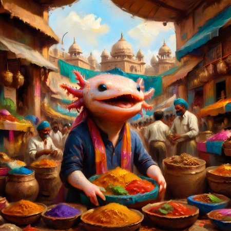 axomodelxl, axolotl in a bustling Indian market, surrounded by spices and fabrics, vibrant atmosphere, (oil paint style)