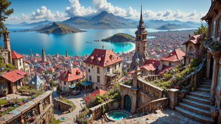 Photograph of a Early English architecture coastal town viewed from a steep, stone staircase. The staircase is flanked by rough grossular. Below, the town features colorful buildings with red and white roofs, a central plaza, and a large blue harbor. The background includes a zany Flat shading landscape with Enchanted vegetation. The scene is bright and sunny.
 <lora:DarksunRIDDV3:1> <lora:flux_hyperkraximalism-crazy:0.6> <lora:dwd:1> <lora:Prismatic_Crystal-World_Morph-Flux:0.75> prismatic crystal, entirely made out of prismatic crystal