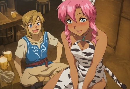 Pink_DragonPink, 1girl, sleeveless dress, white tiger print dress, pelvic curtain, cleavage, white tiger tail, red sash, small breasts, leather shoes, masterpiece, very aesthetic, cute expression, smiling, <lora:pink-illustrious:1>, 
Break
(anime, anime coloring:1.3),1boy,Anime screencap,link (zelda),blonde hair,blue eyes,pointy ears, wearing blue hyilian tunic, smiling,
Hyrule tavern, tavern interior, moody lighting, drinking beer, happy, open mouth, sitting, bar stool, blush, drunk,