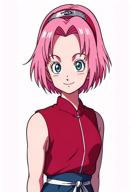 score_9, score_8_up, score_7_up, score_6_up, score_5_up, score_4_up, BREAK, source_anime,
1girl, haruno sakura, pink hair, short hair, green eyes, sleeveless, red shirt, forehead protector,
hands behind back, smile, upper body, looking at viewer, solo, simple background, white background, anime screencap, anime coloring   <lora:SakuraShippudenXL:1>, 90s dbz style, style dragon ball z girls 90s, retro style, style akira toriyama, .