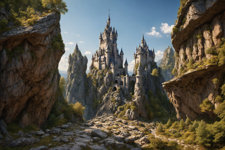 fairy tale castle on a (rock spire), mountain in background, best quality, masterpiece, illustration, realistic, photo-realistic, amazing, finely detail, incredibly absurdres, huge filesize, ultra-detailed, highres,