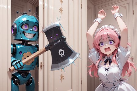embedding:lazympos, here's johnny! (meme), CivBot at the top, axe, blue robot, scared, screaming, CivChan, at the bottom, pink hair, purple eyes, demented, crazy, crazy grin, arms up <lora:CivChan:0.9> <lora:TrendCraft_The_Peoples_Style_Detailer-v1.0A-3_13_2025-illustrious:0.2> <lora:CivBotPDXL-000008:1> <lora:heres_johnny_anynoobvpd061:1>