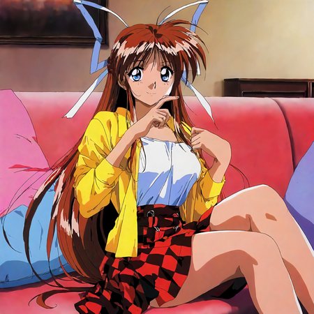 <lora:Hinomori_Azusa_OVA_IS:0.7>,
masterpiece,best quality,good quality,newest,
indoors,detailed background,couch,
smile,
looking at viewer,
solo,
Hinomori_Azusa_OVA,1girl,very long hair,brown hair,white ribbon,blue eyes,hair ribbon,breasts,bangs,1990s \(style\),anime coloring,
checkered skirt,red skirt,white shirt,yellow shirt,
sitting,