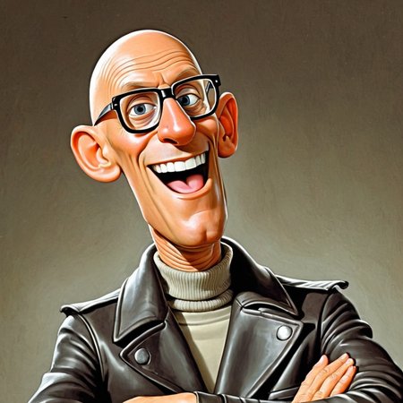 cartoon of (michelfoucault:1.3) man, turtleneck, unbuttoned black leather biker jacket, bald nerd, , (  donmartin style:1.2)  ( caricature:1.3), HQ, high resolution, ,  solo,  fisheye lens closeup, extremely  happyexpression ,  hyper-realistic,  upper body, arms and hands,  detailed eyes, by don martin, plain dark background, rim lighting, vignette <lora:DonMartin_StyleXLv7.0-000024:0.75>   <lora:michelfoucaultXL_10-17-23_v1.6:0.9>