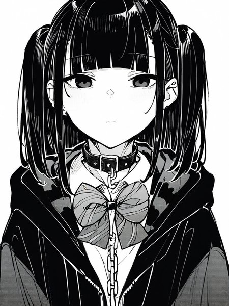 score_9, score_8_up, score_7_up,  
1girl,  monochrome,
black hair, blunt bangs, long hair, two side up, black eyes,

standing, hoodie, open jacket, white shirt, bowtie, collar, chain, upper body, plaid skirt, school uniform, looking at viewer, expressionless, closed mouth,