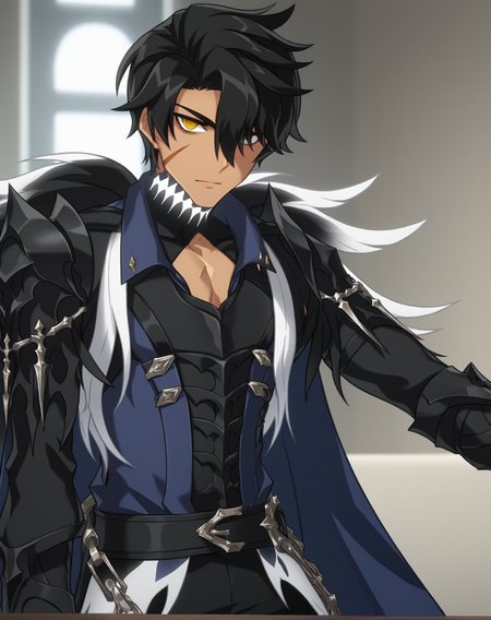 score_9, score_8_up, score_7_up, source_anime, anime screencap, depth of field, rating_safe, BREAK,
1boy, solo, yaoi, male focus, mature male, 
looking at viewer, cowboy shot, facing viewer, straight-on, 
<lora:raven_revenant:1> ravenrevenant, black hair, yellow eyes, short hair, hair over one eye, dark skin, scar on face, 
indoors,