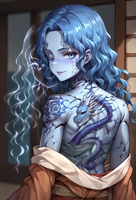 score_9, score_8_up, source_anime, 1girl, cowboy shot, <lora:Ranni_XLPD_CAME:1> IncrsXLRanni, wavy hair, cracked skin, blue skin, colored skin, seductive smile, extra faces, <lora:ExtraFaces_XLPD_CAME:1.2>, <lora:DragonTattoo:1>, dragon tattoo, back tattoo, kimono, off shoulder, doll joints,
