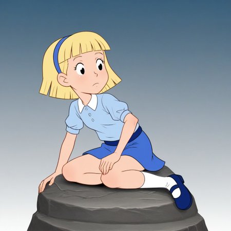 score_7_up, BREAK,   Annika, 1girl, solo, short hair, blonde hair, black eyes,  hairband, shirt,    blue skirt, white socks, blue mary janes,   <lora:AnnikaSettergren_PXL_Leaf1:0.8>, sitting on rock, gradient background,