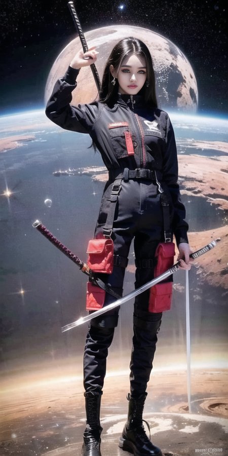 (RAW photo:1.2), (far shot), (photorealistic:1.4), (masterpiece:1.3), (intricate details:1.2), realistic, delicate, beautiful detailed, fullbody, (((hold a long katana))), wearing black techwear jacket and red trousers with buckle and tape,  see-through jacket, Tight vest inside, (crystal necklace), (red braided bun), <lora:urbanSamuraiClothing_urbansamuraiV03:0.8>,  <lora:0t_v1:0.65>, <lora:fashionGirl_v50:0.35>, kpop idol, red lips, petite, narrow waist, (looking_at_viewer), (floating:1.2), dynamic pose, big circle earrings, long legs, (best quality:1.4), (ultra highres:1.2), cinema light, (extreme detailed illustration), ( 85mm, f/1.4, ISO 200, 1/160s:0.75), (in space, universe, Extraterrestrial, vast:1.5),  ulzzang-6500-v1.1