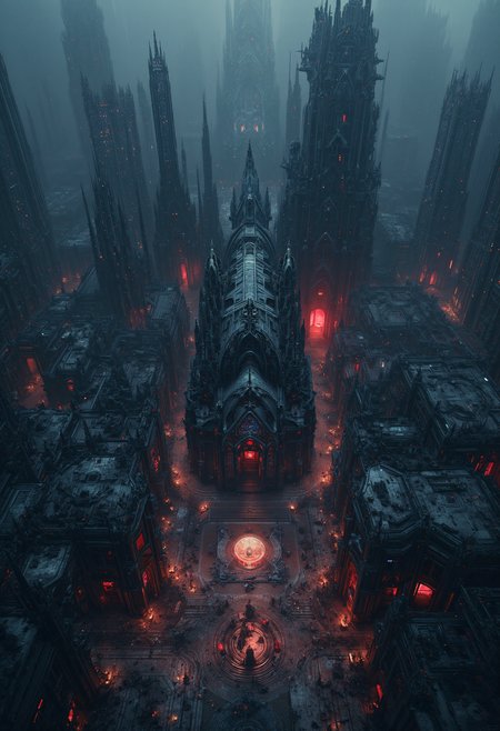 Bird's-eye view, ancient cyberpunk settlement, cyberpunk and gothic fusion. Intricate spatial composition, geometric planning, strategic shapes. Buildings that are fusions of gothic cathedrals and futuristic skyscrapers. Clustered gothic cyberpunk structures, neon lights, and bold gargoyle sculptures. Atmospheric interplay, ambient light, dynamic shadow, rich hues. Detailed architectural nuances, mosaic-like pathways, designed streets. Steampunk artifacts, monumental architectural details. Technical quality 8k, masterpiece, hyper-detailed imagery, intricate design, evocative textures, red and blue neon lighting, timeless narrative. <lora:JJsCyberPunkCity_Flux:0.6> <lora:Dever_Flux_Enhancer:0.4> <lora:42lux-UltimateAtHome-flux-highresfix:0.25>