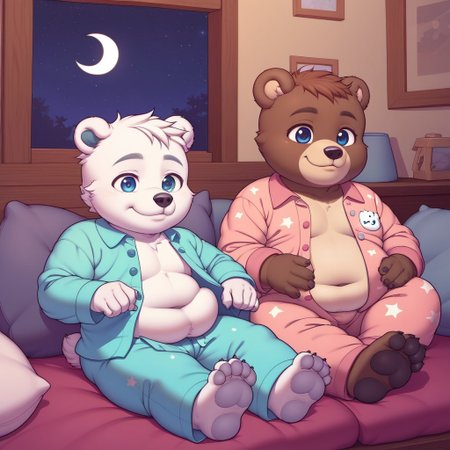 chubby bear boy cub sitting in a pillow at night, cub, wearing pajamas, exposed belly, belly rolls, barefoot, chubby paws, bear ears, bear tail, chubby torso, fat rolls, smile, freackles, shortstack, duo, 2boys, double chin, furry, Furry Mix, cub, chubby thighs, sleepy mood, crescent moon, stars in the sky, young, pastel colors, unbuttoned shirt, fluffy fur, belly overhang, soles, facing front, messy hair, pajama pants, open eyes, belly rub