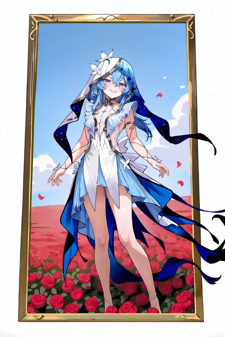 8k, best quality, masterpiece, (ultra-detailed), (high detailed skin), border, oil painting border, photo frame, frame, a carefully framed painting, 
artist:ningen_mame,artist:ciloranko,artist:sho_(sho_lwlw),artist:as109,
safe, extra_sharp, (perspective composition.:1.2), (bold_lines are adding to the overall style:1.2) solo, (high brightness:1.3), backlighting, rose field, outdoors, kubrick stare, 1girl, contrapposto, half-closed eyes, detailed eyes, bold eyelashes, long eyelashes, nose, closed mouth, wide grin, smile, long hair, blue sky, clouds, amazing quality, masterpiece, highres, beautiful color, film grain, newest, symmetrical composition, beautiful, intricate, amazing quality, very aesthetic, absurdres, masterpiece, by anna dittmann, full body, dynamic angle, chromatic aberration, white skin, glossy skin, beautiful eyes, 
<lora:shouanren-noob-Tanger-000013:0.8>, white dress, veil, shouanren, default clothes, 1girl, blue hair, blue eyes, dress, hood,
