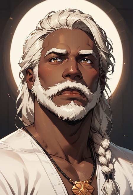 score_9, score_8_up, score_7_up, solo, solo focus, male focus, 1 boy, dark skin, dark-skinned male, whie hair, beard, facial hair, braid, braided beard, big beard, epic beard