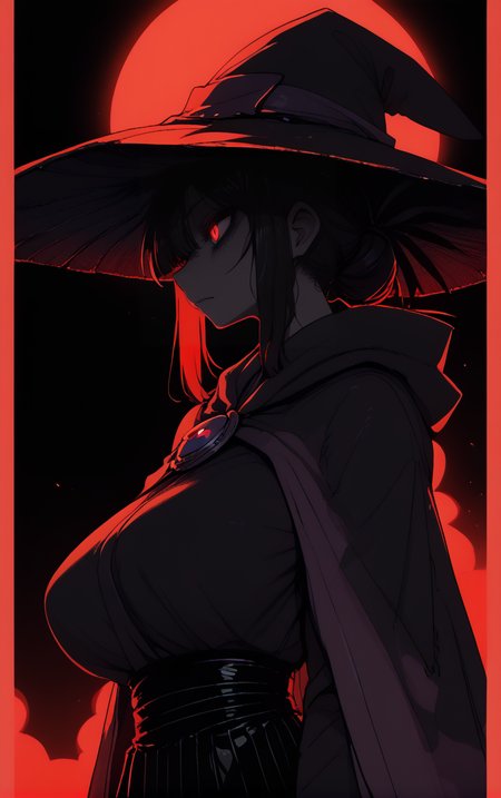 (profile view), from side,
<lora:Gothic:1> 1gothic1,red, black background, red outline, <lora:Karasu:1> karasu
1girl, score_9, score_8_up, score_7_up, score_6_up, score_5_up, score_4_up, BREAK, 
witch,, <lora:Doujinshi_Booba_PDXL_V3:1>,doujinshi, large breasts,
