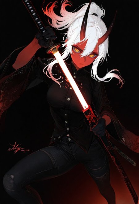 simple background, signature, wide sleeves, black background, ,4ki4k4ne_illu, XUER guangying, 
BREAK 
(sexy, slutty, hot, aroused), HDR, high contrast , masterpiece, best quality, very aesthetic, high resolution, ultra-detailed, absurdres,volumetric lighting, dramatic shadows, cinematic lighting, newest,illustration, perfect composition,perspective,incredibly absurdres,cute, nsfw, raytracing,soft lightin, highly detailed,Dutch angle,
BREAK
Aka-Oni, oni, colored skin, (red skin:1.3), smooth horns, black horns, long hair, floating hair,
BREAK
96YOTTEA, 1girl, solo, looking at viewer, white hair, hair between eyes, long side locks, slightly disheveled hair, ponytail, black shirt with buttons, black gloves, weapon, black jeans, holding katana, black thighsocks, blood, katana, sheath, fighting stance, darkness, red gradient, calm hate, numb emotions, tired eyes, medium breasts, unsheathing katana, about to attack, dutch angle, perspective, fisheye effect, close-in, focus on blade, shiny blade, v-shaped eyebrows, glowing background, blood blash