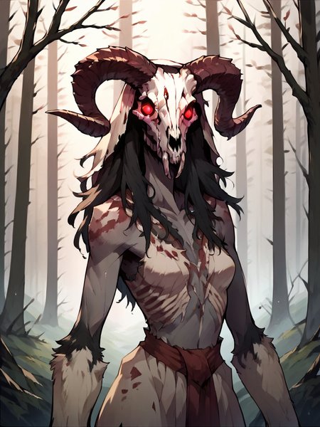 score_9, score_8_up, score_7_up, score_6_up, score_5_up,  <lora:wendigoXLP:1> wendigo, horns, 1girl, animal skull, monster, no humans, solo, red eyes, forest,