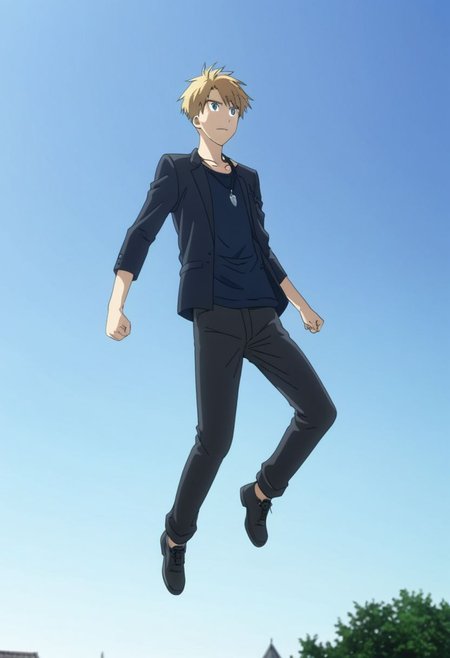 high resolution, professional photography, best quality, 1Boy, Yamato Ishida, blond hair, deep blue eyes, necklace, jump, free, clear sky, OverallDetail