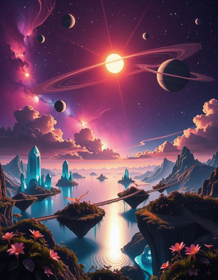 A breathtaking, high-resolution photograph of a celestial paradiseâa stunning, habitable planet floating in the vastness of space. The sky is a mesmerizing blend of deep purples, blues, and pinks, illuminated by twin suns casting golden light over the landscape. Towering crystal mountains shimmer in the distance, reflecting the vibrant hues of the nebula-filled sky. A vast, glowing ocean stretches across the horizon, its surface gently rippling with bioluminescent waves. Floating islands covered in lush, alien vegetation hover above the water, connected by natural bridges of luminescent vines. Exotic, radiant flowers bloom in every color imaginable, while gentle, ethereal creatures with translucent wings glide through the air. In the sky, a massive ringed gas giant looms majestically, its swirling clouds casting soft shadows over the dreamlike terrain. The air shimmers with floating particles of light, creating a surreal, otherworldly ambiance. The entire scene feels like a cosmic utopiaâtranquil, awe-inspiring, and untouched by time.
<lora:SDXLFaeTastic2400:0.4> <lora:extremely_detailed:0.4> extremely detailed,Celestial p4r4d1s3, <lora:Celestial_p4r4d1s3-i:1>, Masterpiece,best quality,hi res,8k,hi res,8k,award winning,(sharp focus, intricate, highly detailed),