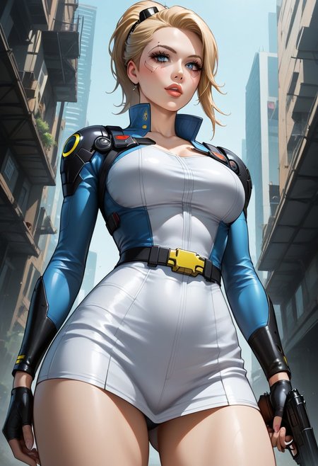 woman in cyberpunk era, young, fallout series soldier, cartoon, anime, slim, fit and slender figure, firm breasts, she is a villain standing above viewer, view from below, aiming gun at me, blonde ponytail hair, alluring makeup, captivating blue eyes, an upturned nose, a delicate jawline, parted pouty full lips, slutty uniform,