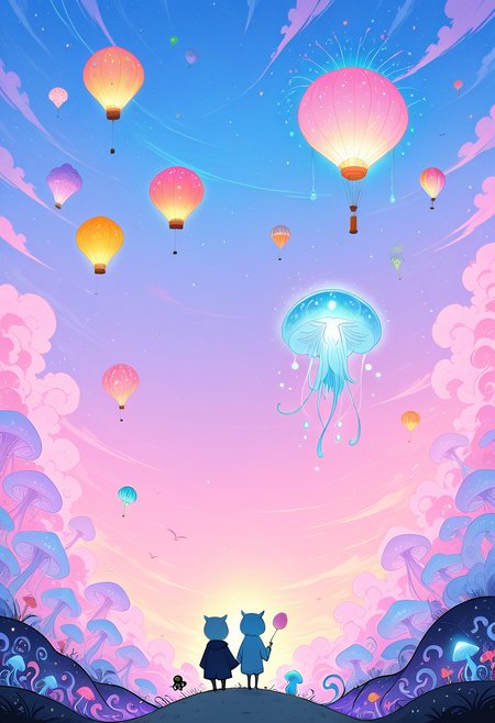 CreeepyCuteMagic,   jellyfish, cotton candy, candy sky, animated sprinkles, glowing tentacles, hot air balloon, owl with monocle, whimsical, fairytale.
