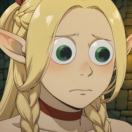 masterpiece, best quality, newest, absurdres, highres, anime, anime style, GUGIL-V1.0, googly eyes, 1girl, marcille_donato \(dungeon_meshi\), elf, pointy ears, green eyes, blonde,