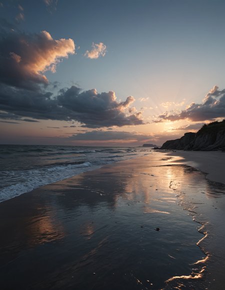 realistic seaside, amazing sky, dawn, slightly dark