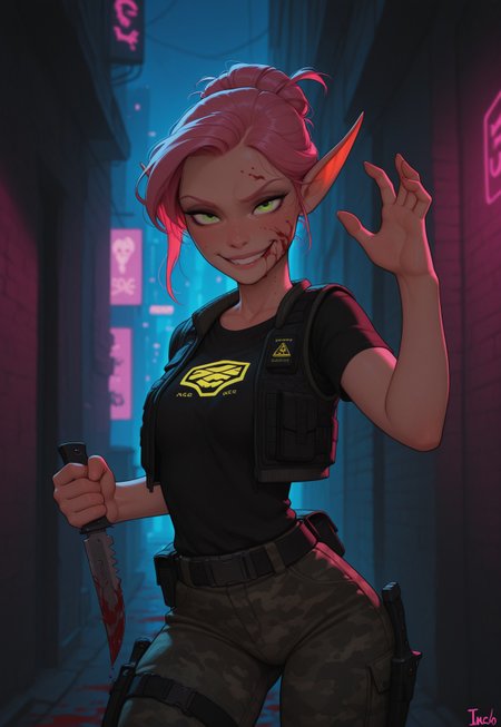 masterpiece, best quality, amazing quality, very aesthetic, DISNEY_ANIMATION, incoth, (incase:0.6), female, solo, (depth of field), outdoors, city, alley, cyberpunk, night time, cowboy shot,

elf, pink hair, green eyes, cute face, slender, small breasts, updo hair, beautiful, kawaii, (small ears), blood on face,

black puff vest, t-shirt with logo, urban camo pants, blood splattered combat knife,

standing, dynamic pose, looking at viewer, fighting pose, evil smile,