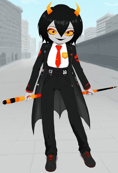 score_9, score_8_up, score_7_up, HD, best quality, masterpiece, detailed, minimalist, mspaint, 1girl, Niikou, d0nquix0tedef, Black hair, short hair, hair between eyes, horns, colored skin, grey skin, colored sclera, orange sclera, black lipstick, red eyeshadow, black coat, open coat, badge, long sleeves, white shirt, collared shirt, red necktie, black pants, high-waist pants, standing, holding lance, one lance, happy, smiling, city alleyway