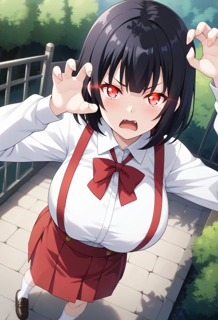score_9,score_8_up,score_7_up,score_6_up, source_anime, BREAK, 
Hiraki Hanako, solo, (large breasts), pale skin, short hair, black hair, bangs, glowing eyes, red eyes, fangs, school uniform, collared shirt, white shirt, long sleeves, claw pose, large breasts, high-waist skirt, suspenders, red skirt, white socks, loafers, 
open mouth, angry, frown, tears, 
looking at viewer, (face shot), dynamic angle, 
outdoors,